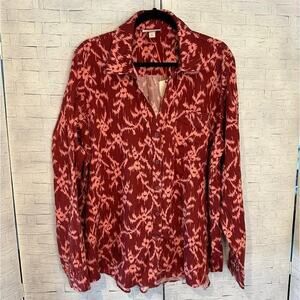 Knox Rose women’s Dark red and pink Button up Long Sleeve Blouse plus size